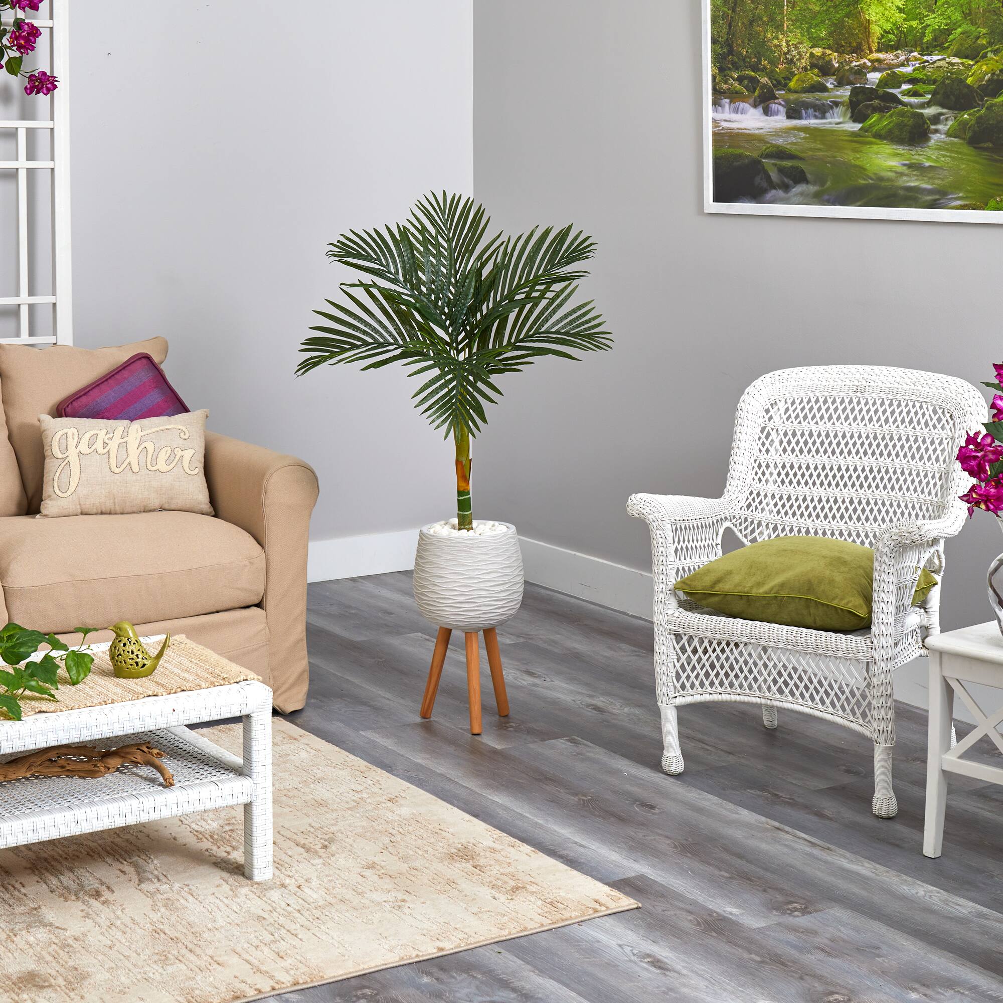 4.5ft. Golden Cane Artificial Palm Tree in White Planter with Stand